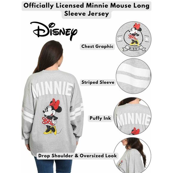 New Disney Women Minnie Mouse Sweatshirt Jersey Long Sleeve Light Gray - Picture 5 of 8